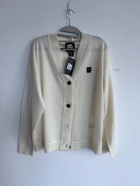 DKNY Cream V-Neck Button Cardigan with Black Buttons